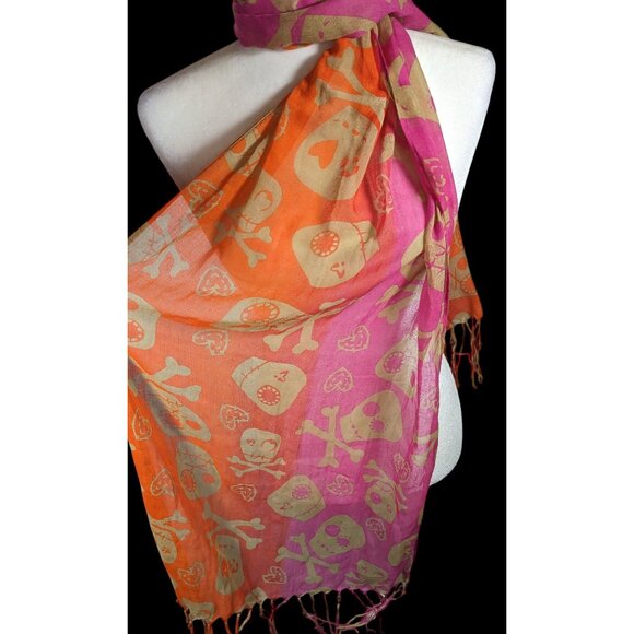 Gothic Voodoo Pink And Orange Skull Print Scarf With Fringe And Bead Accents - Picture 2 of 8